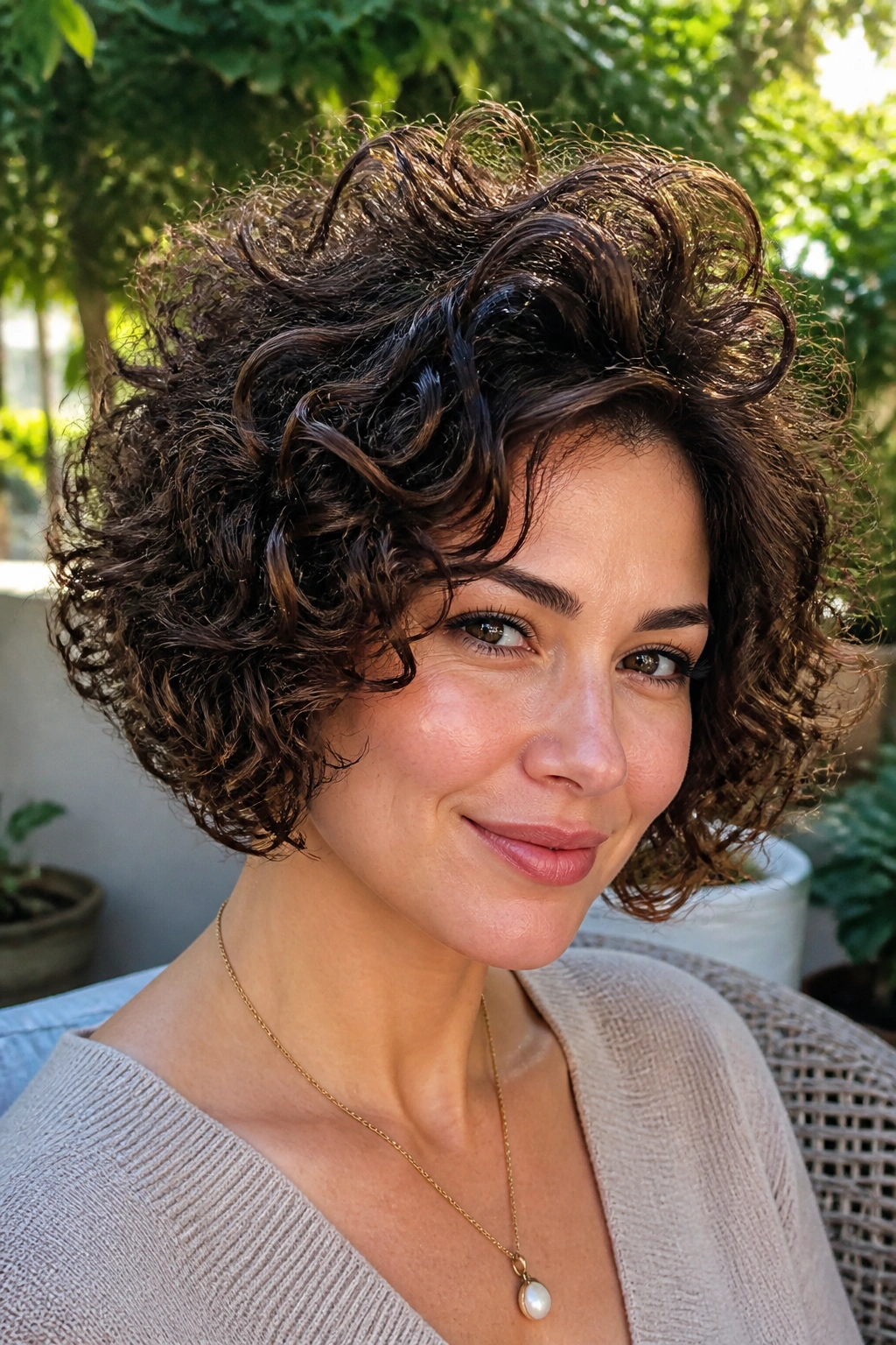 Real woman with curly stacked bob and lifted crown in close portrait