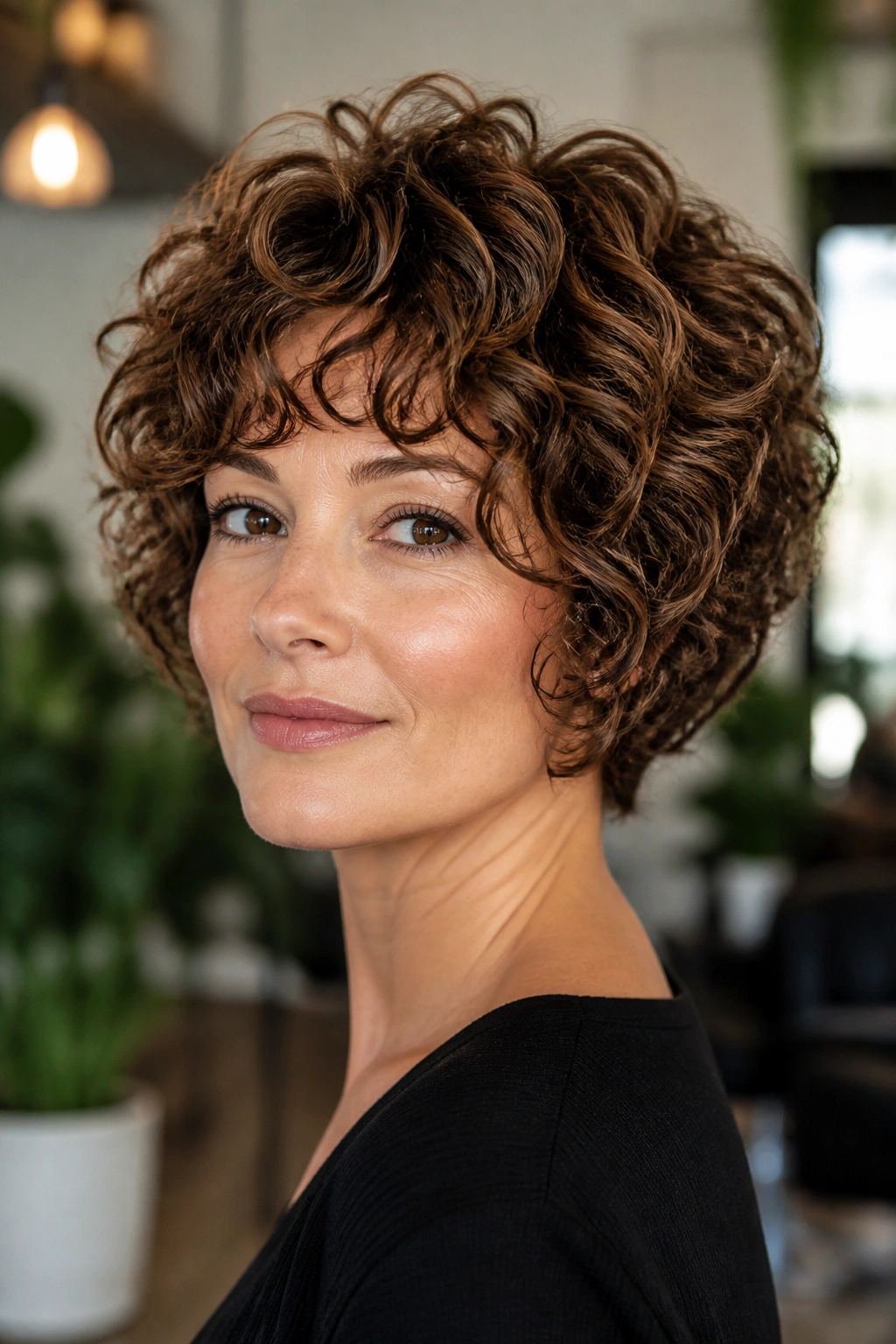 Close-up portrait of a real woman with curly stacked bob and rounded crown.