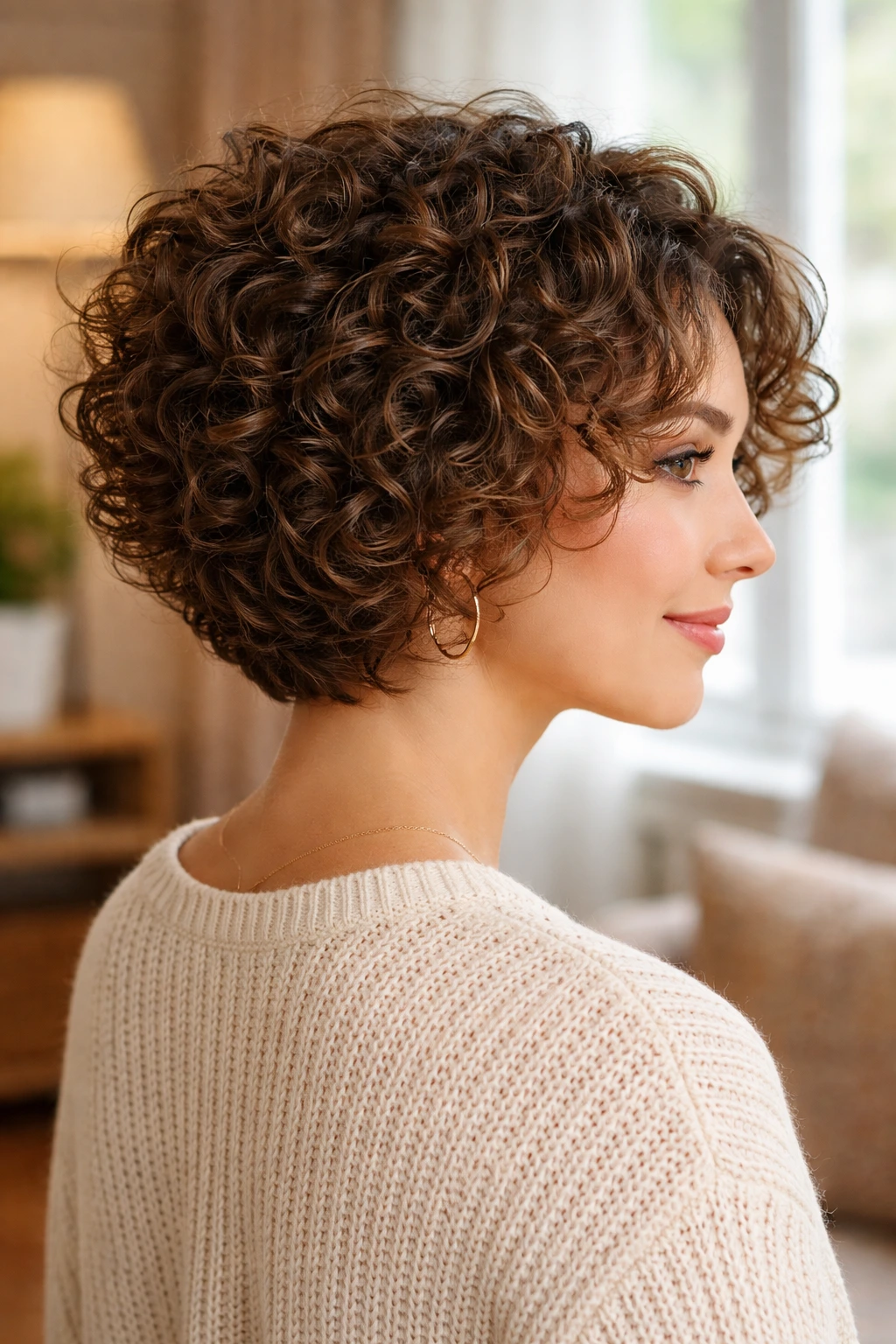 Close-up of a real woman with a curly stacked cut showing defined curls at the nape