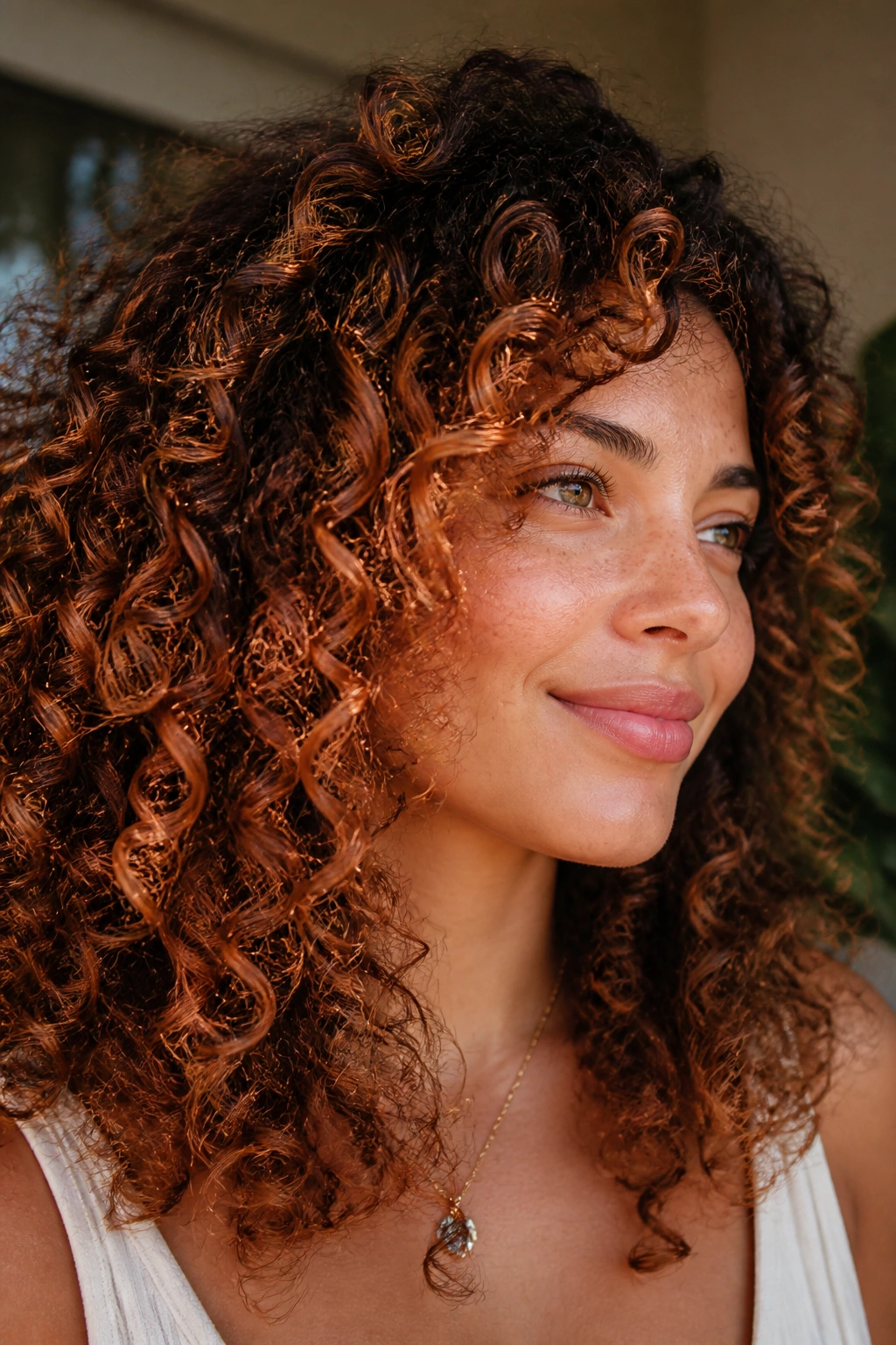 Close-up of a real woman with curly brunette hair and strawberry highlights on curls