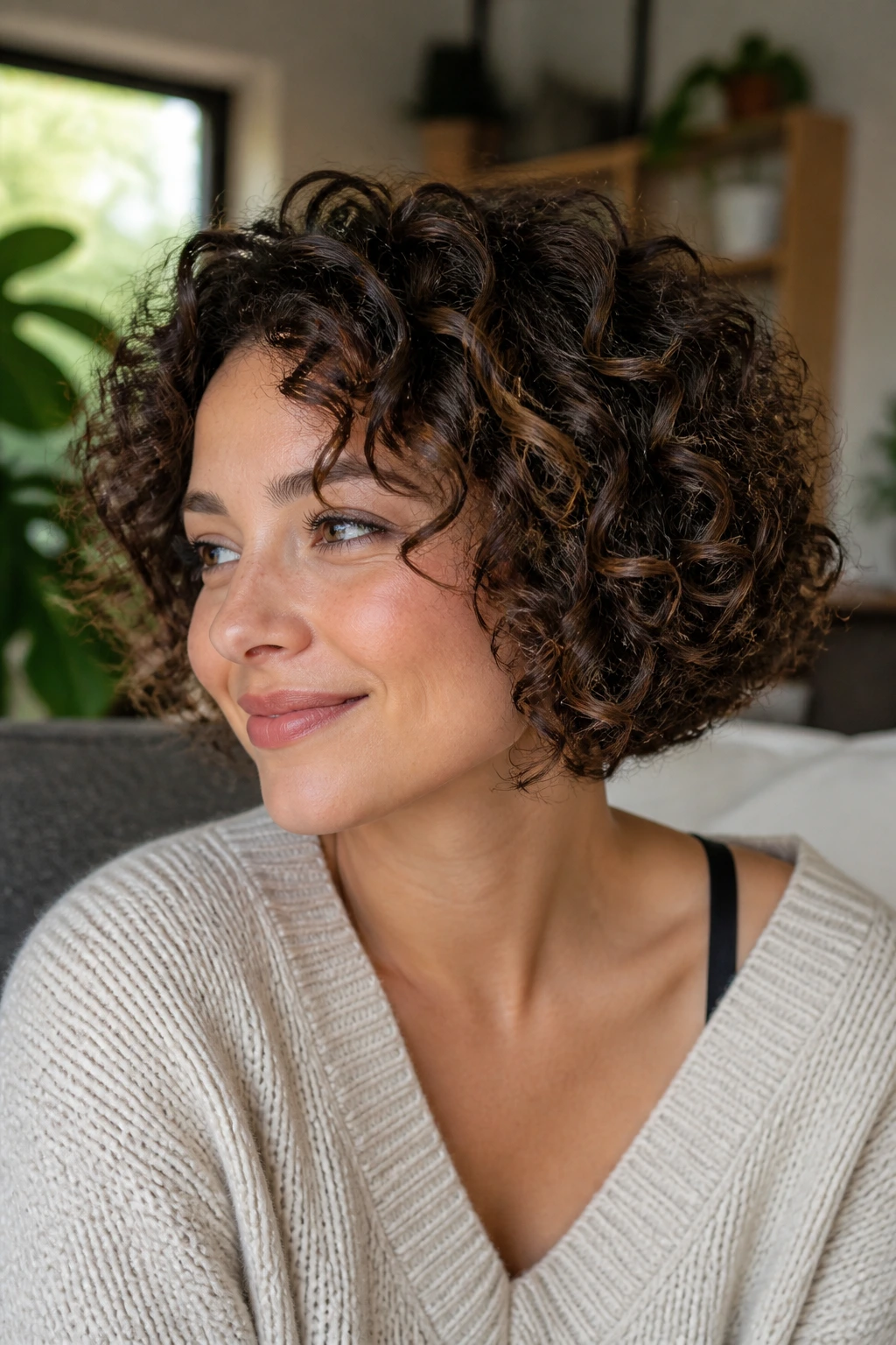 Woman with curly tapered bob in a cozy greenery-filled room