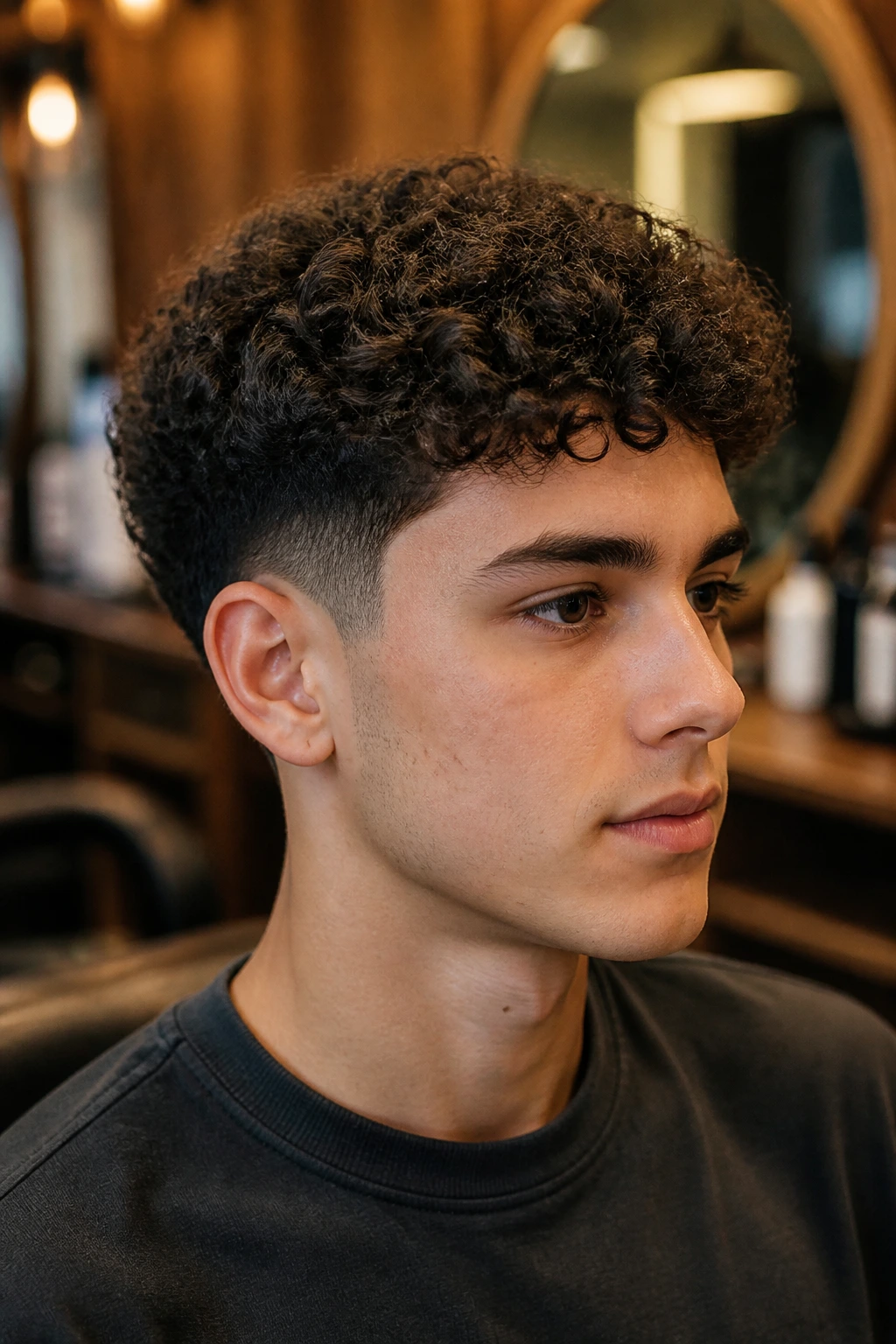 Close-up of real person with curly tapered crop showing tapered sides and top curls in a salon.