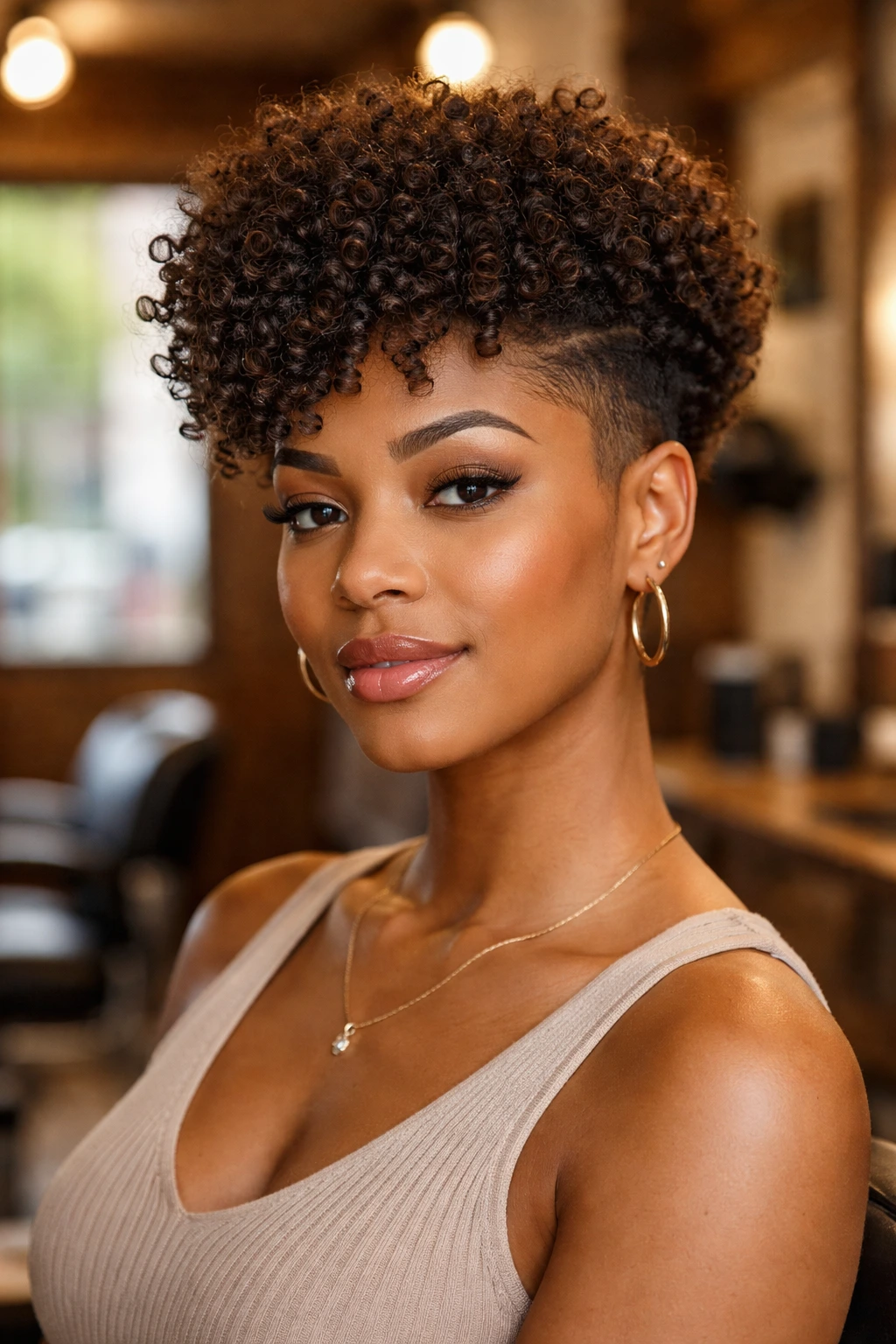 Close-up portrait of a Black woman with a curly tapered fro in a warm barber setting