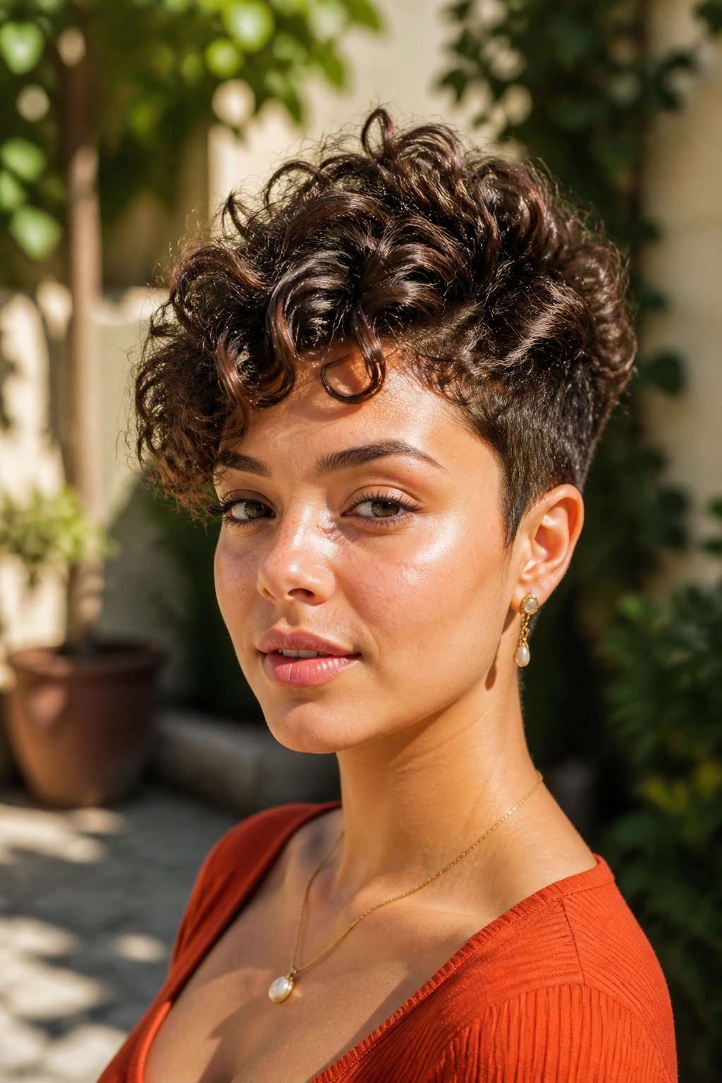 Close-up of a woman with curly tapered pixie hairstyle outdoors in sunlight.