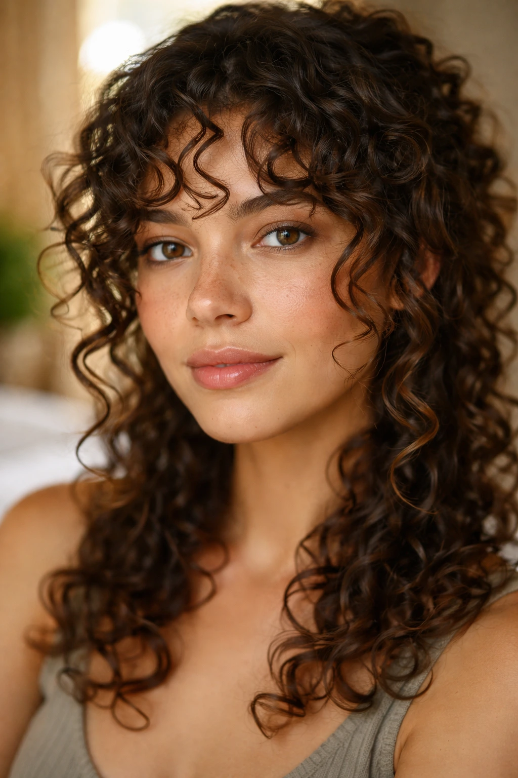 Close-up of a real person with short tendrils framing the face in a cozy room