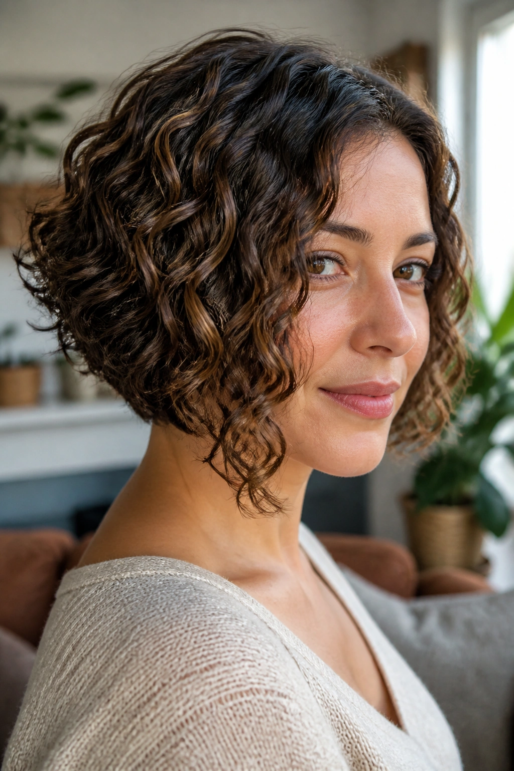 Close-up of a real woman wearing a curly inverted bob with natural texture