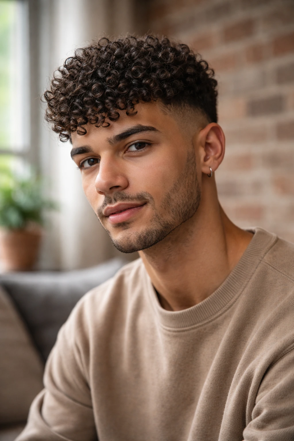 Close-up of a real person with a curly-top crop hairstyle
