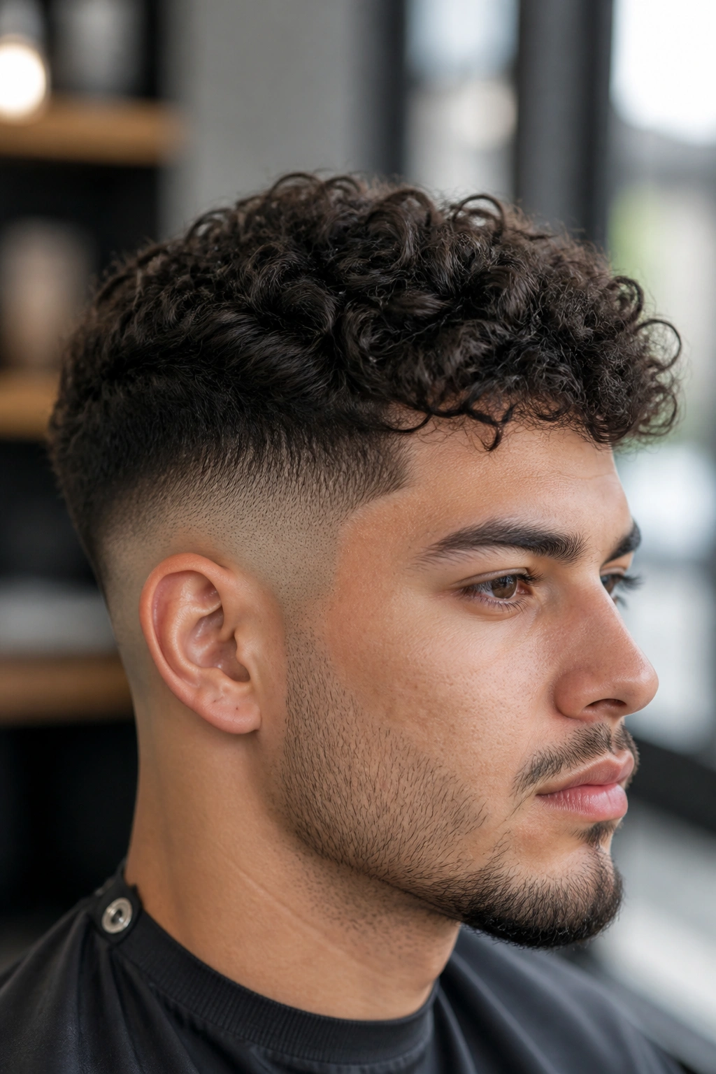 Portrait of a man with curly top fade haircut in a modern salon