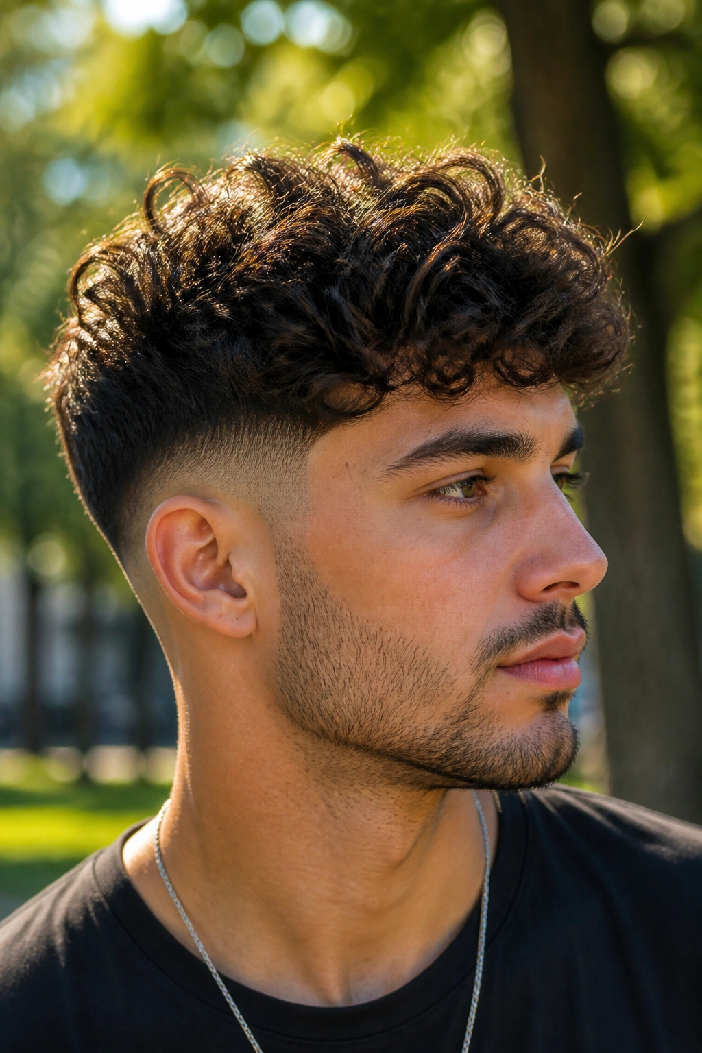 Close-up of a man with curly top and low fade