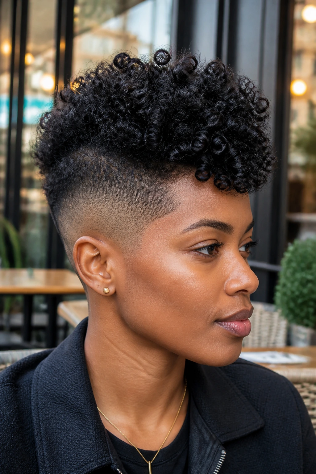 Curls on top with fade hairstyle portrait