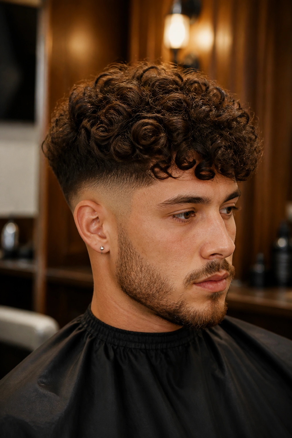 Close-up of man with curly top fade hairstyle in barbershop setting