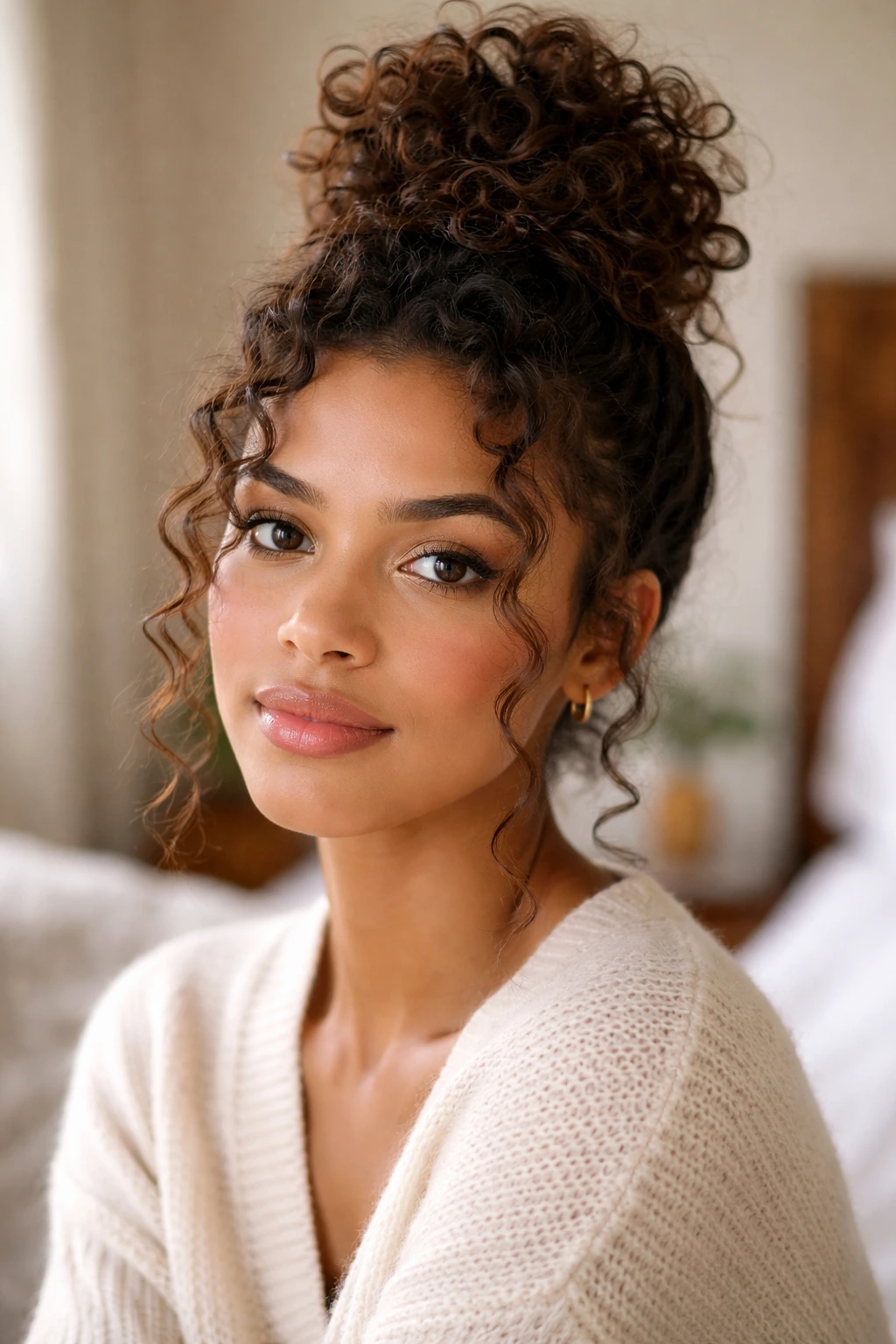 Close-up of a real woman with a curly top knot and face-framing curls