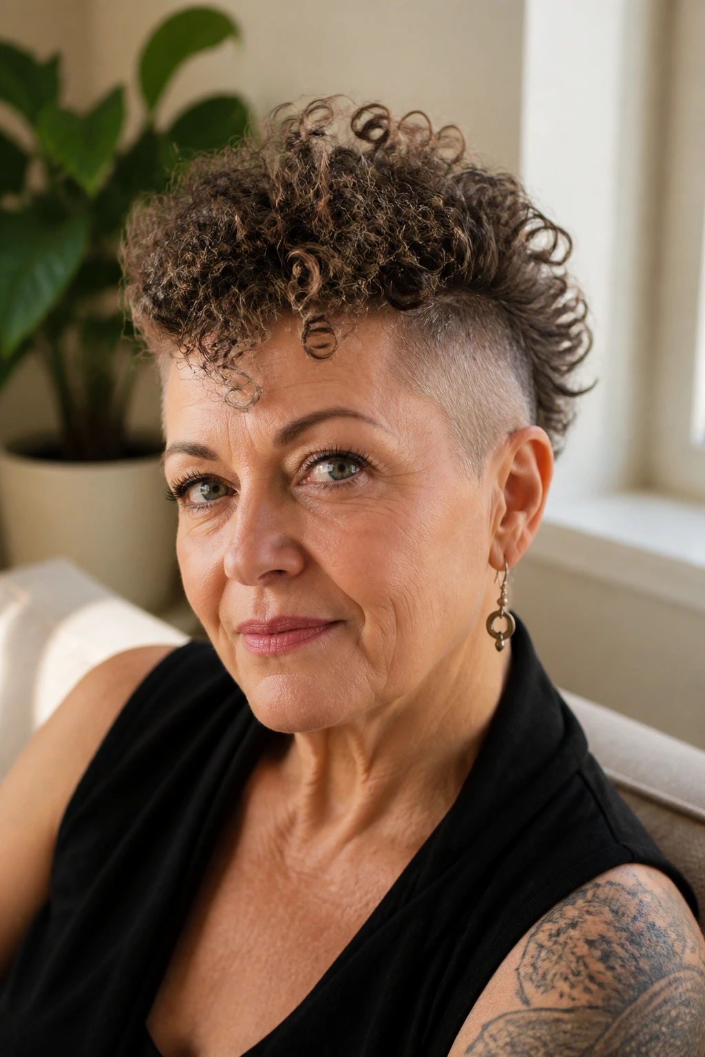 Close-up of a real woman with curly top and buzzed sides in natural light.