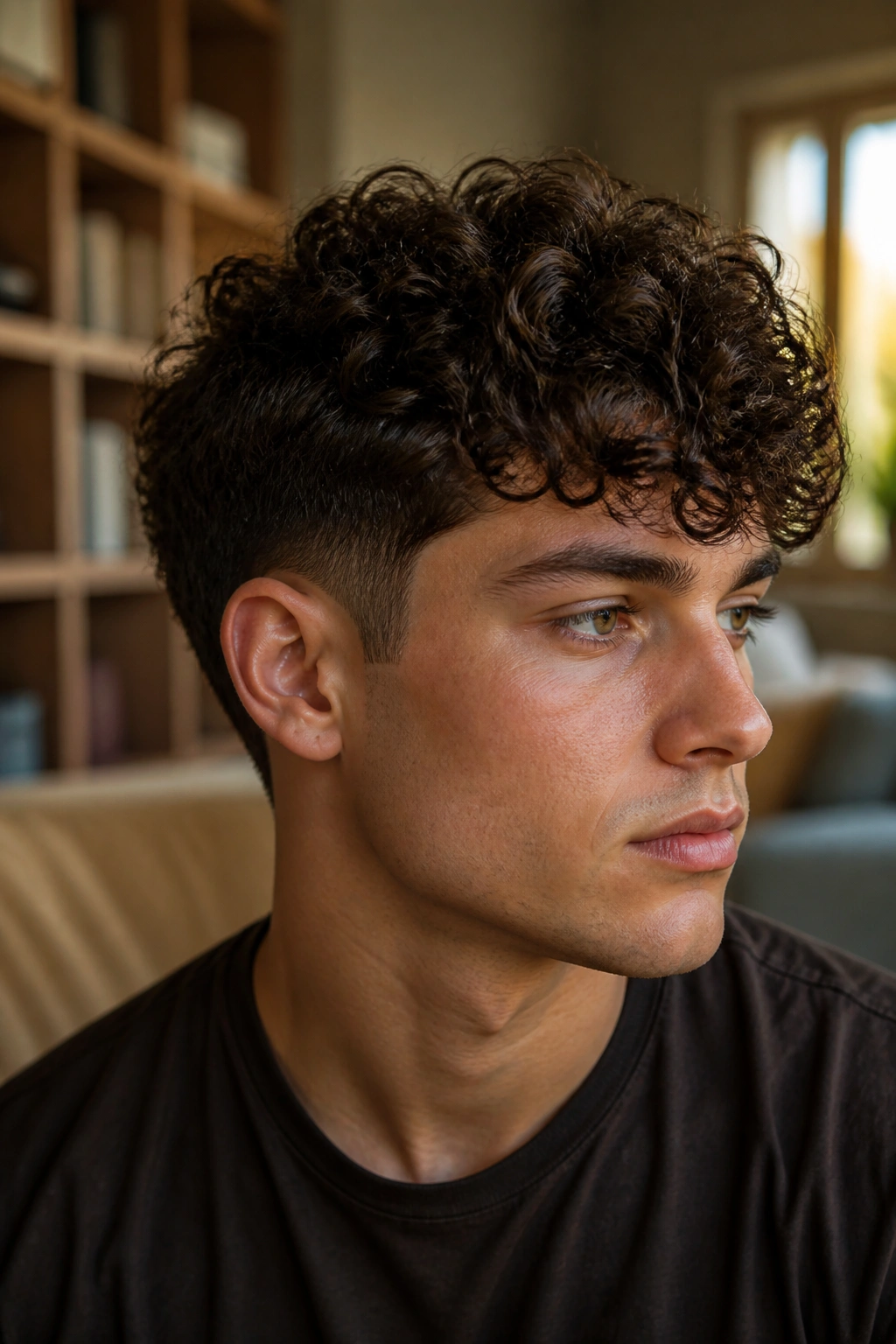 Close-up of a real man with curly top and tapered sides in a living room