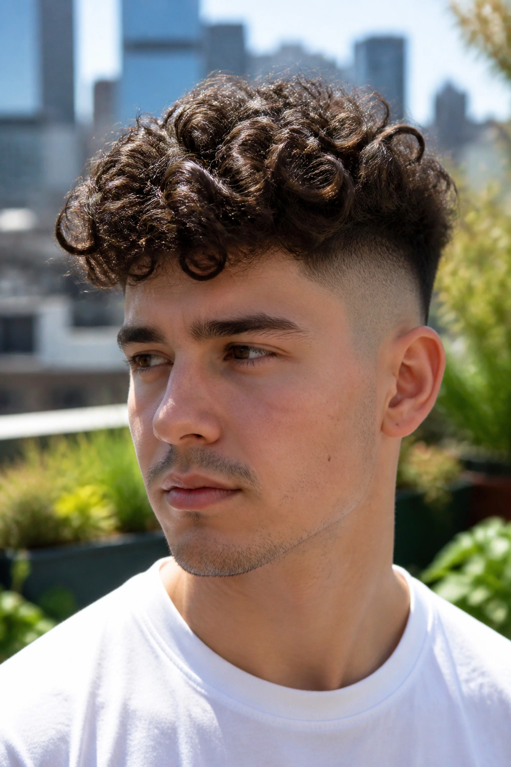 Close-up of a real man with a curly top undercut in an outdoor rooftop garden
