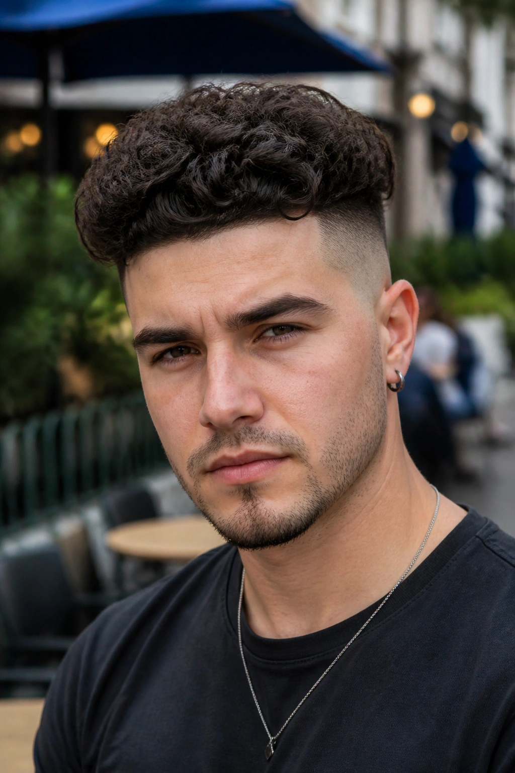 Close-up portrait of a man with a curly top undercut outdoors