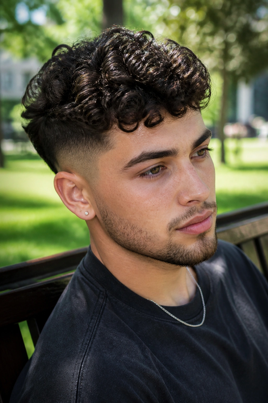 Close-up portrait of a man with curly top undercut outdoors