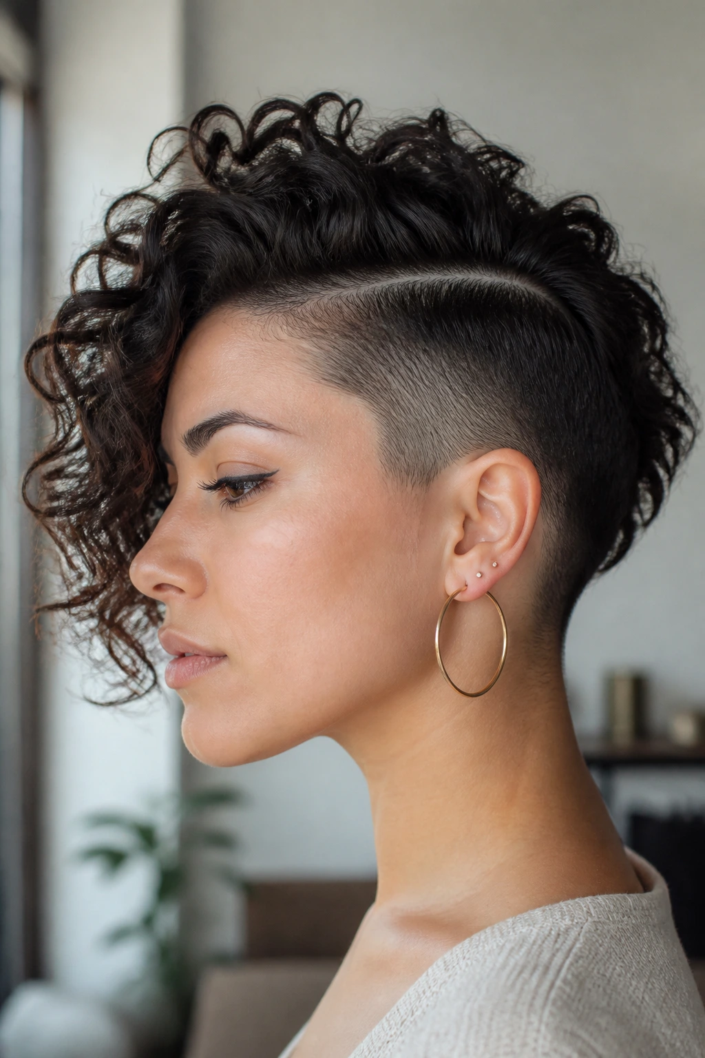 Close-up of a real woman with deep-parted curly bob and visible undercut