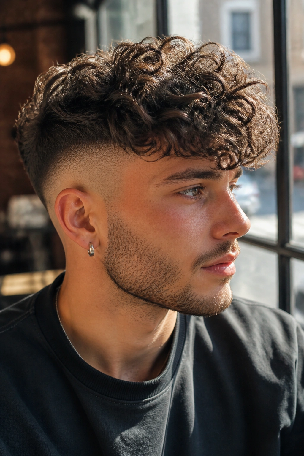 Close-up portrait of a man with curly top undercut and shaved sides
