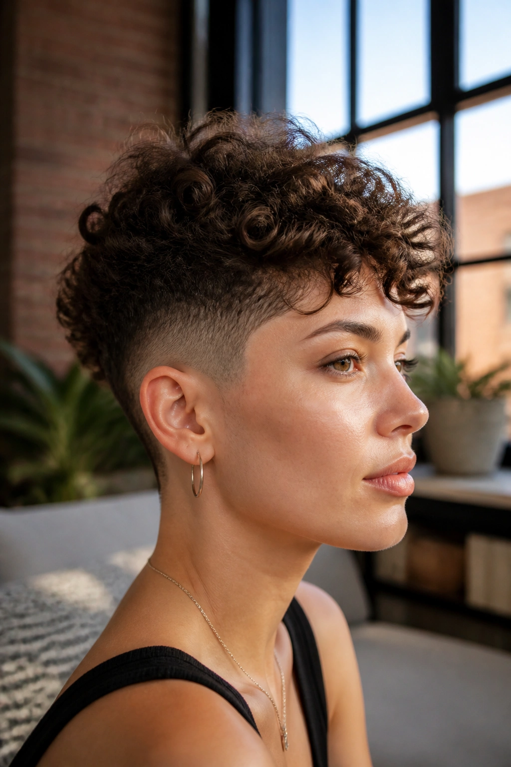 Real woman with curly undercut and long top, side profile showing contrast
