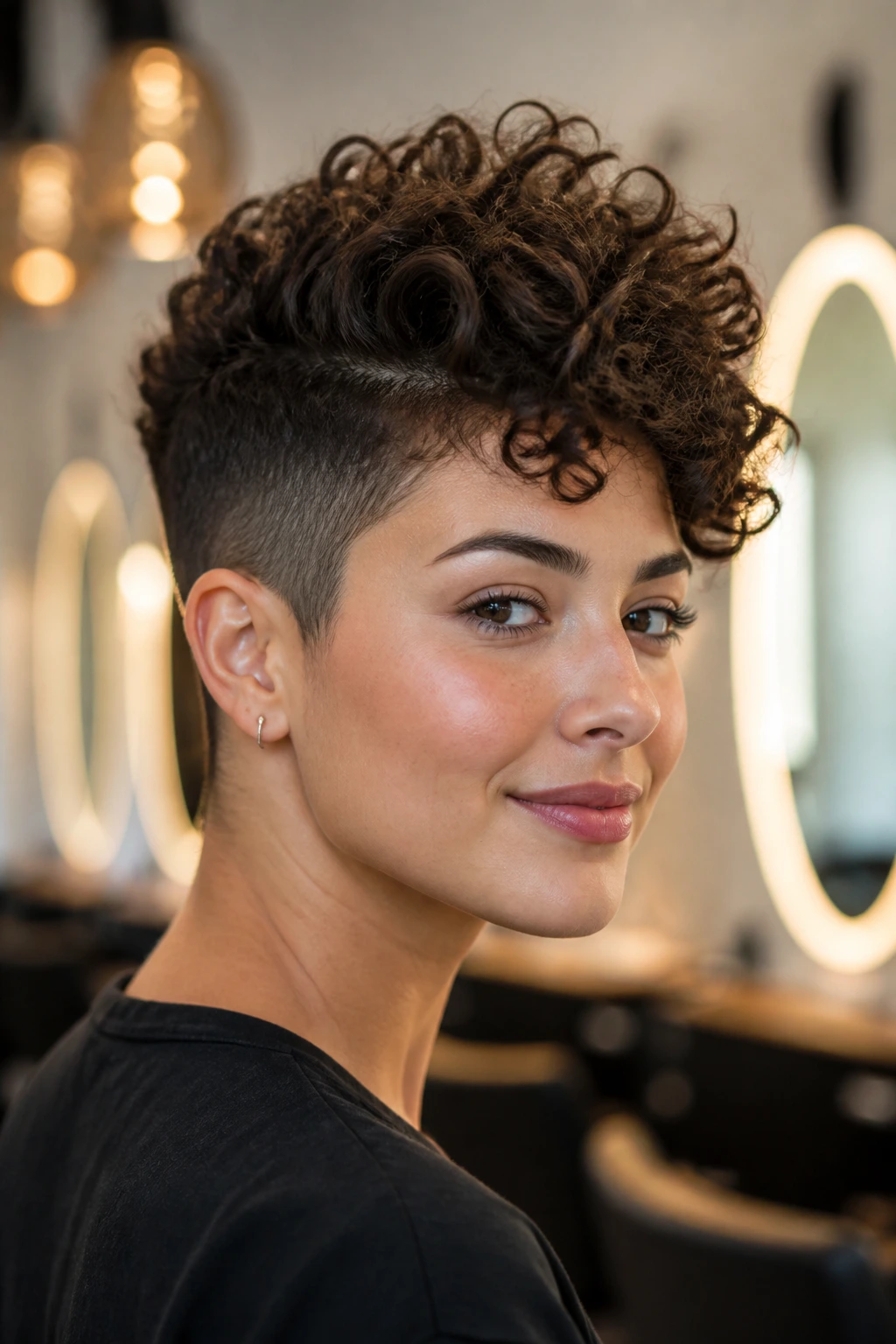 Close-up portrait of a real woman with Curly Undercut Pixie and a tall top