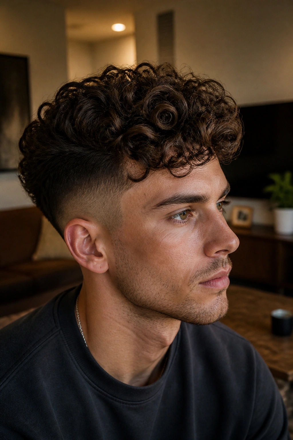 Portrait of a person with curly undercut and tapered edge