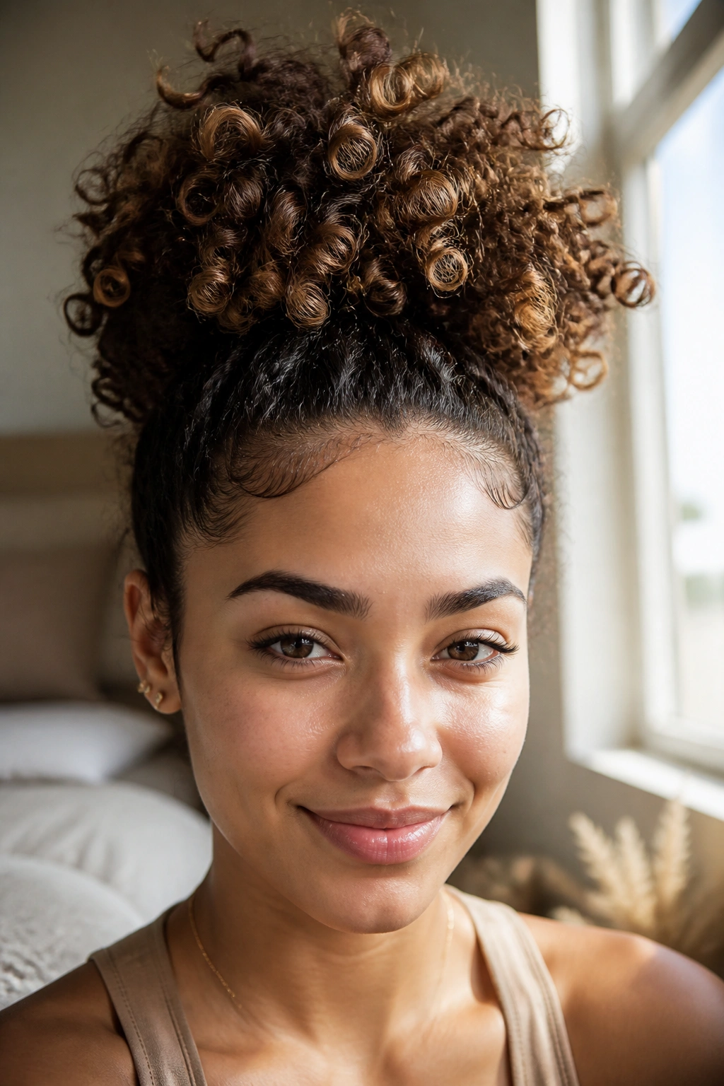 Close-up of real person with curly pineapple updo and clean hairline in warm window light