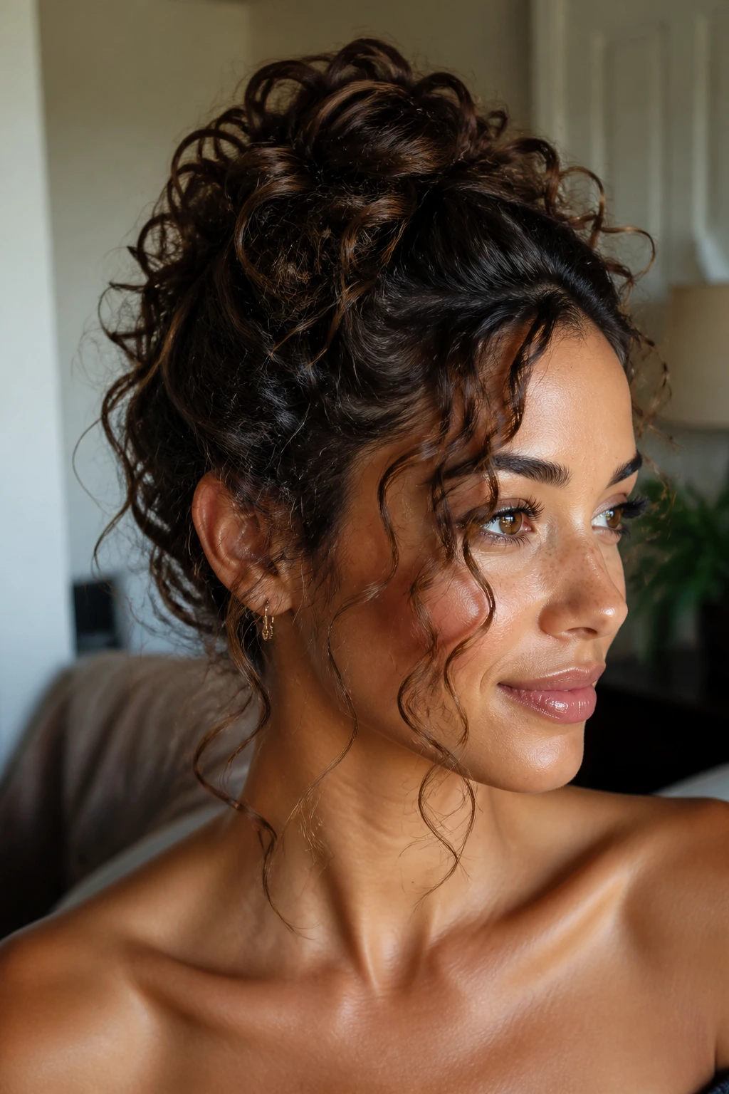 Real woman with curly updo and tendrils framing her face