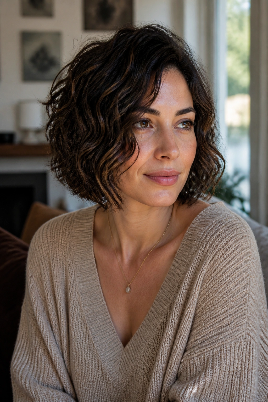 Close-up of a real woman with curly-wave bob and natural texture in brunette