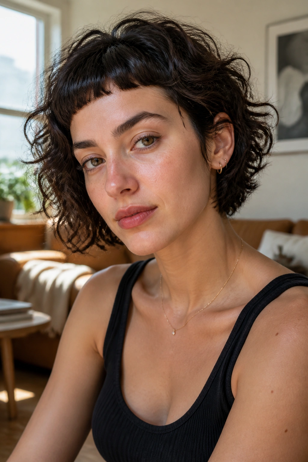 Close-up of real person with Curly-Wave Crop With Micro Fringe and bold micro fringe