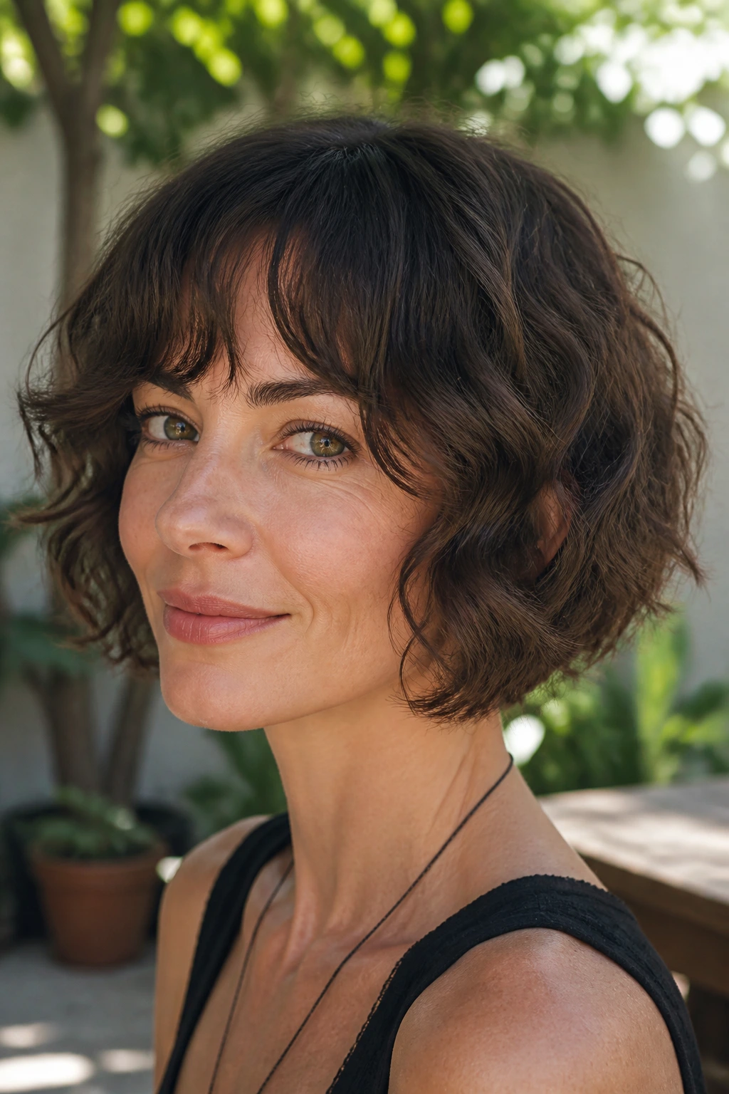 Close-up of a real woman with curly French bob showing natural waves
