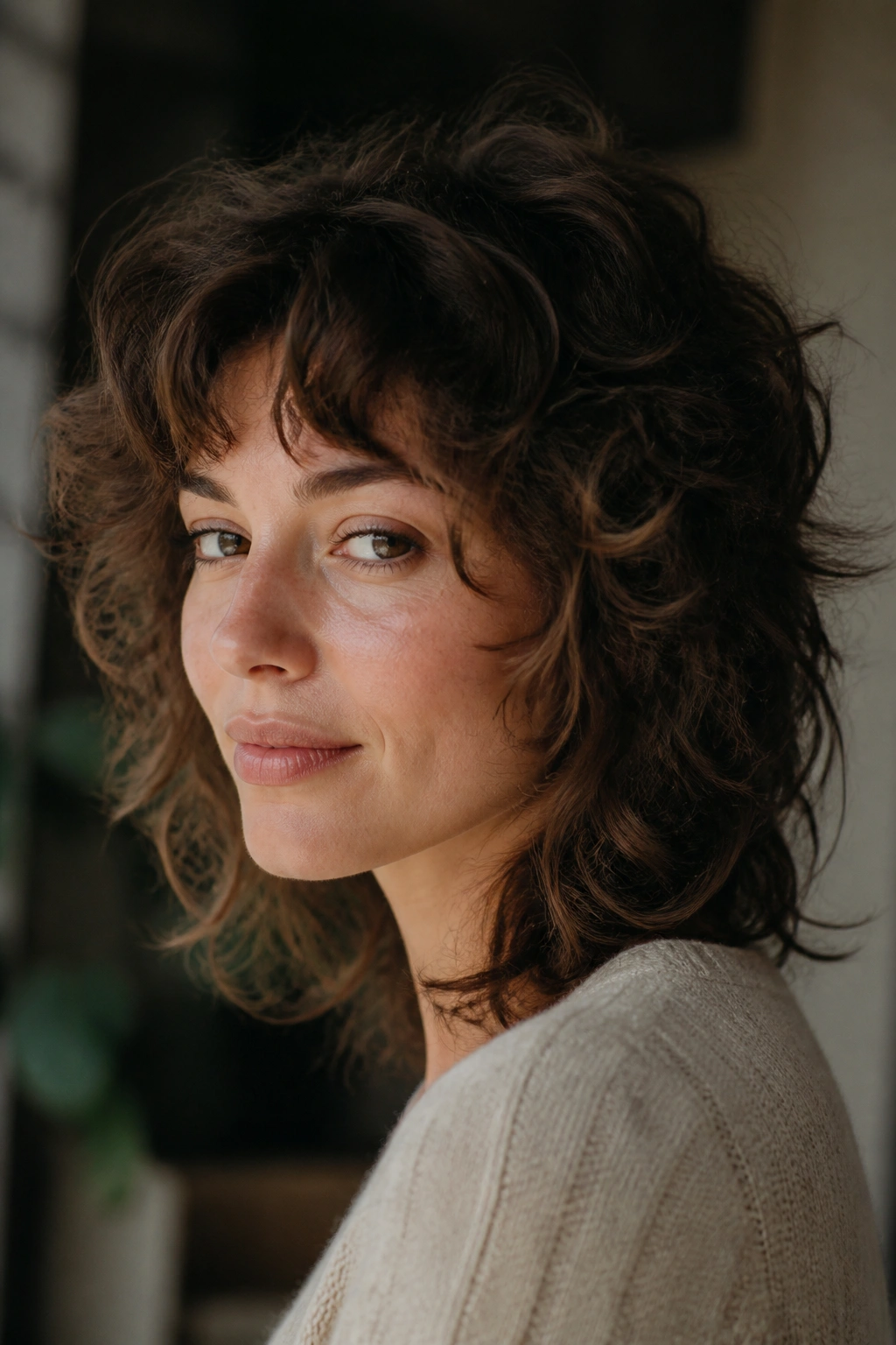 Portrait of a real woman with curly-wavy shag hybrid texture