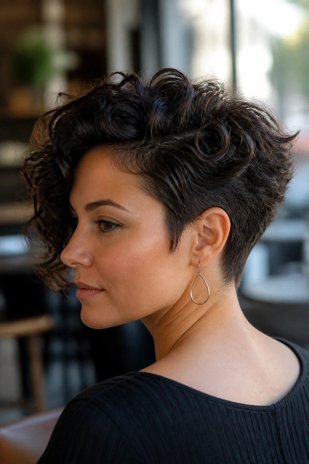 Portrait of a woman with curly wedge cut and tapered nape, side lighting.