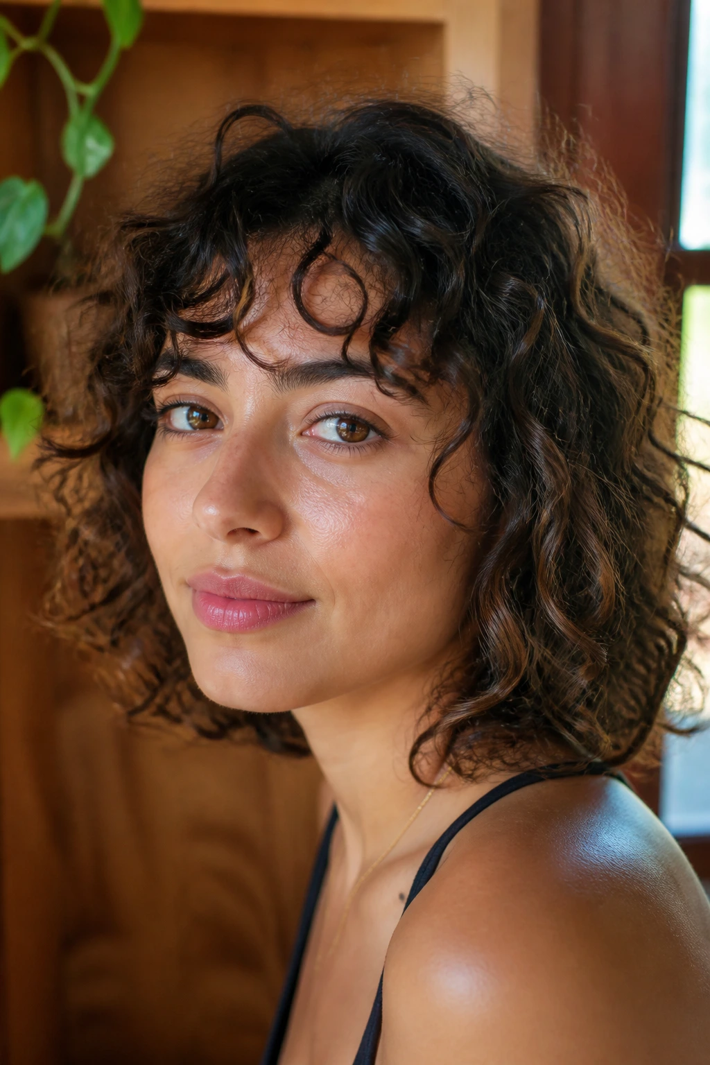 Close-up portrait of a real woman with curly wispy bangs sitting lightly on the forehead.