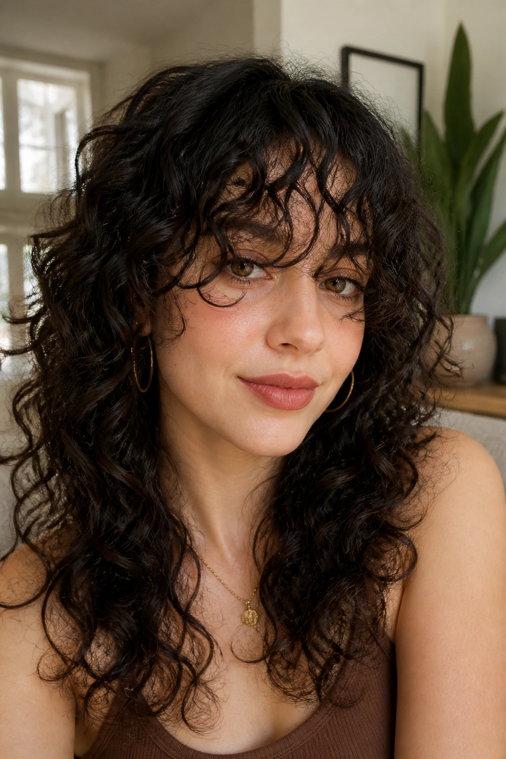Close-up portrait of a real woman with curly wispy bangs.