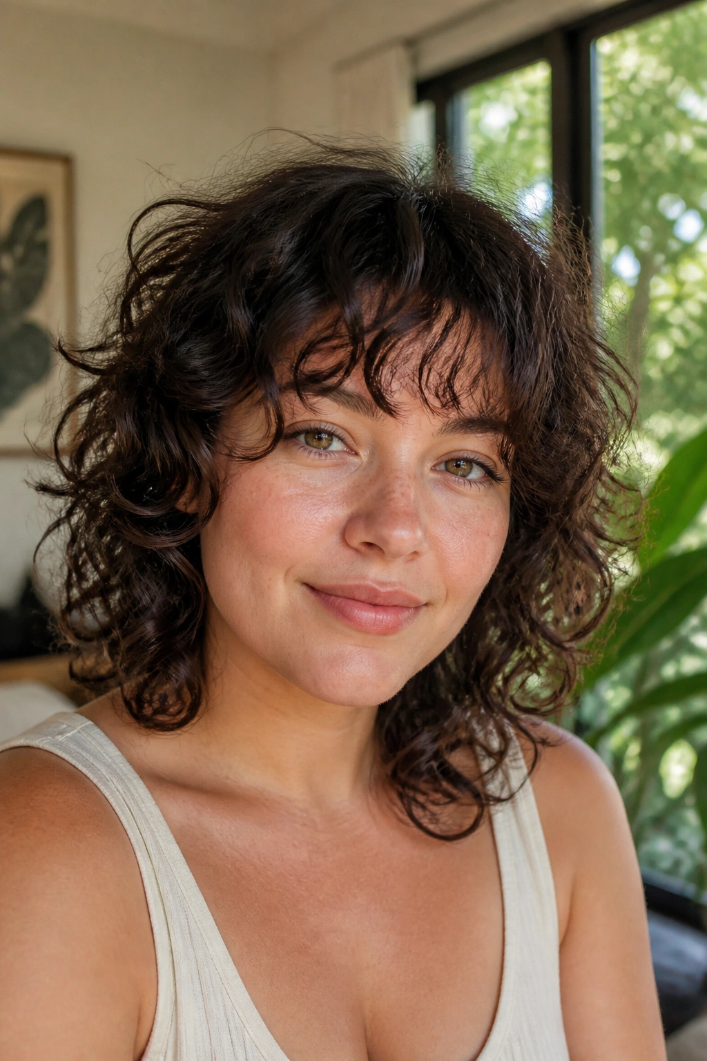 Close-up of curly shaggy wispy bangs on a real woman with round face