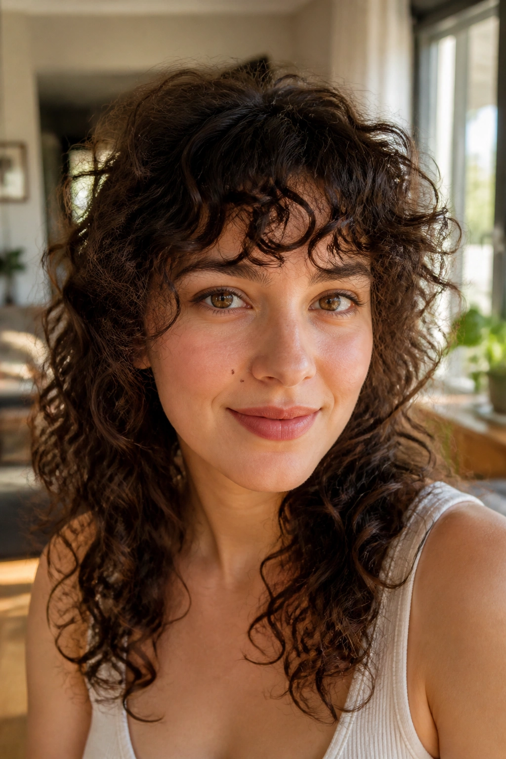 Close-up portrait of a real woman with curly wispy fringe in a bright living room
