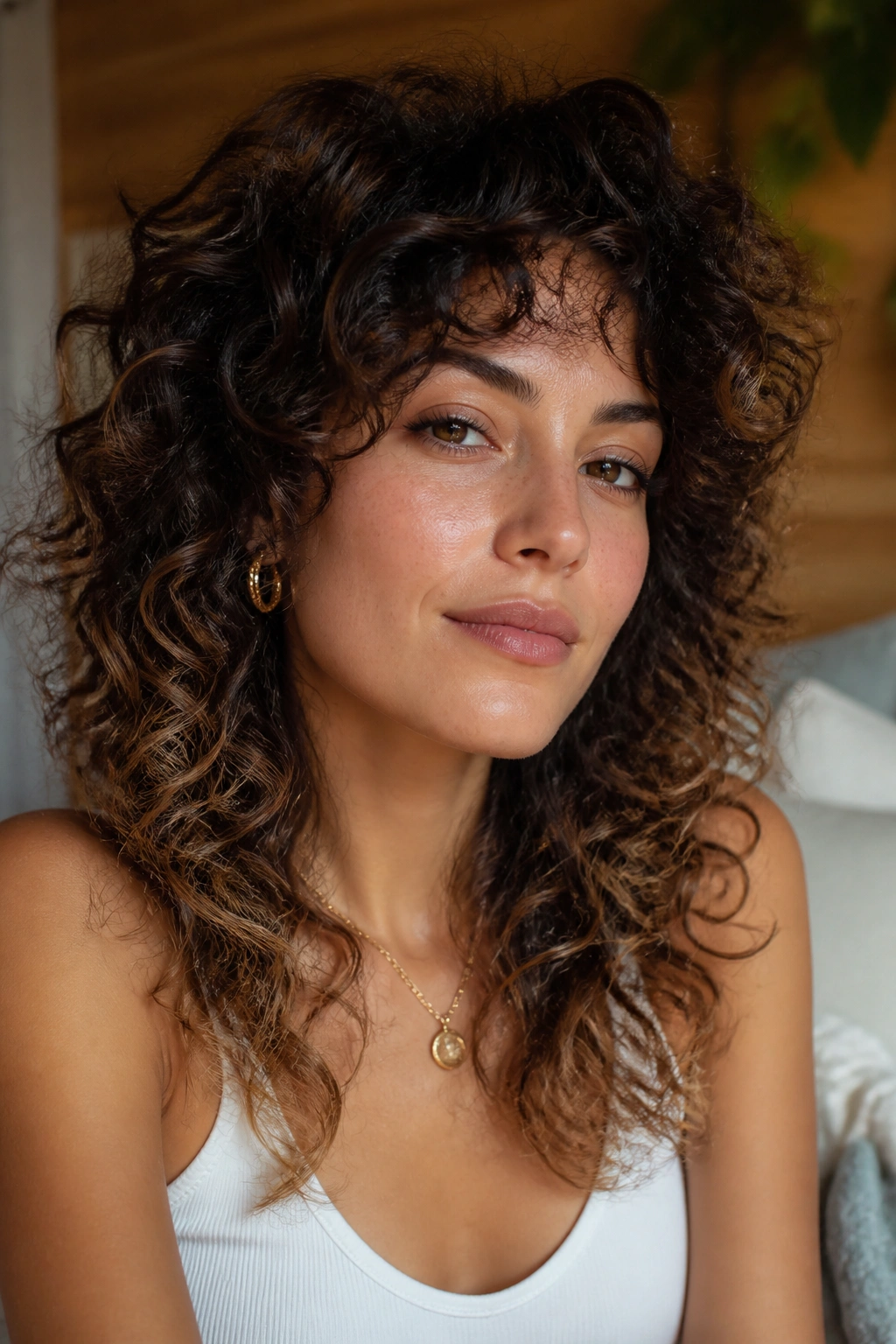 Close-up of a real woman with curly wolf cut and airy ends