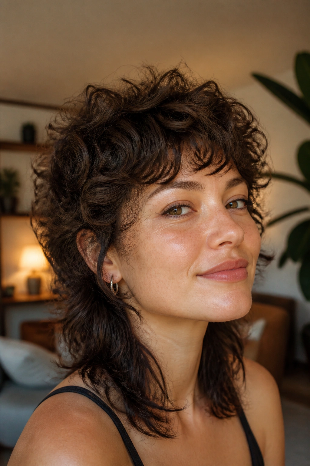 Real person with curly wolf cut under warm ambient lighting.