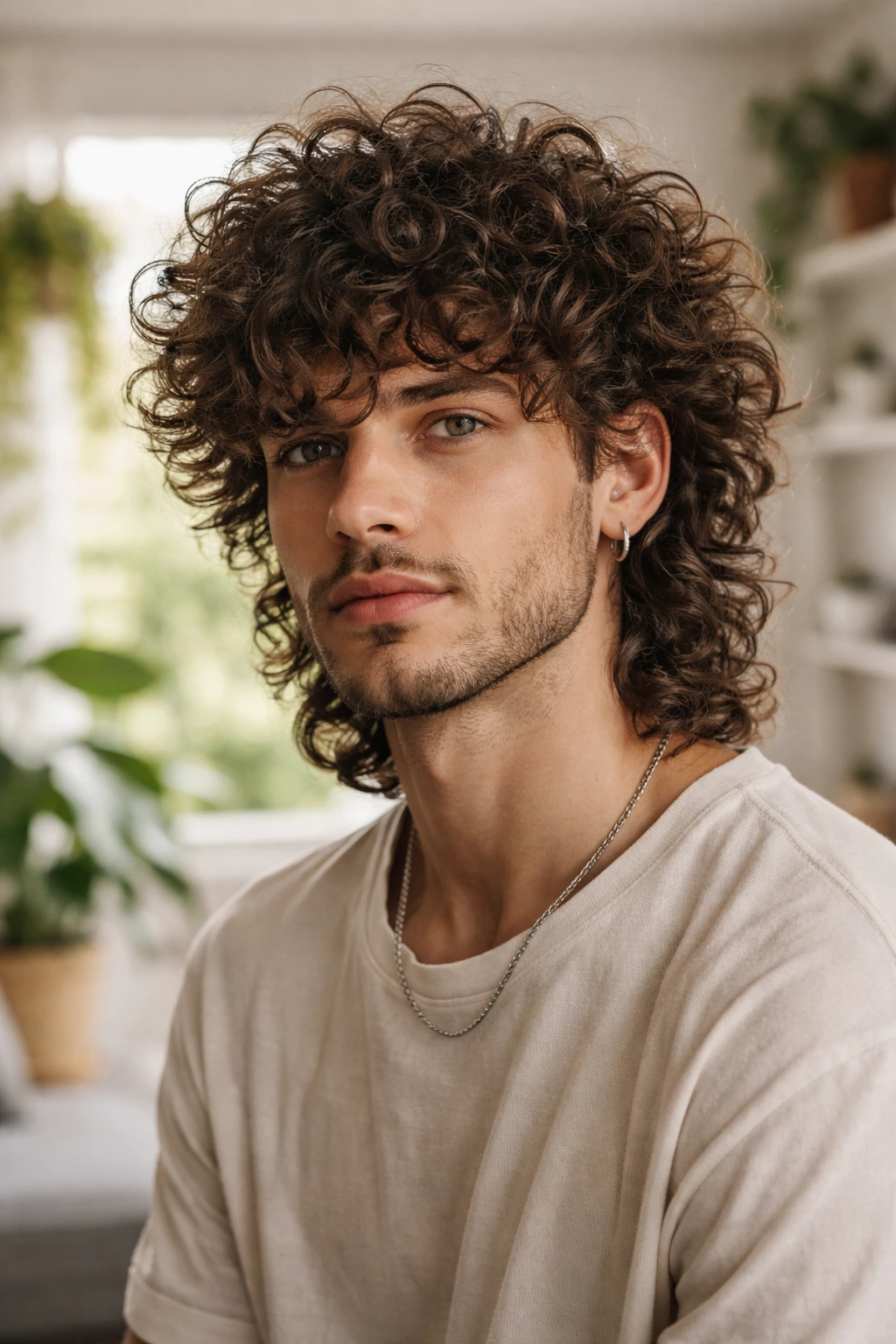 Close-up of man with curly wolf cut showing stacked curls and rounded silhouette