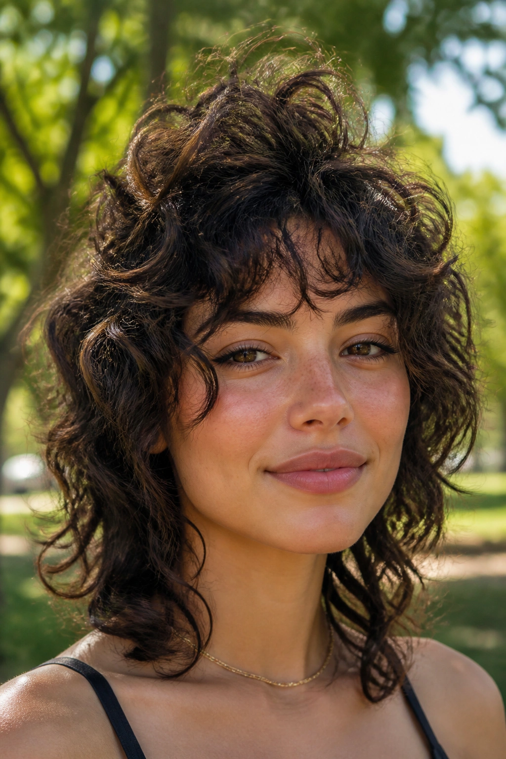 Close-up portrait of a real woman with a curly wolf cut and crown volume