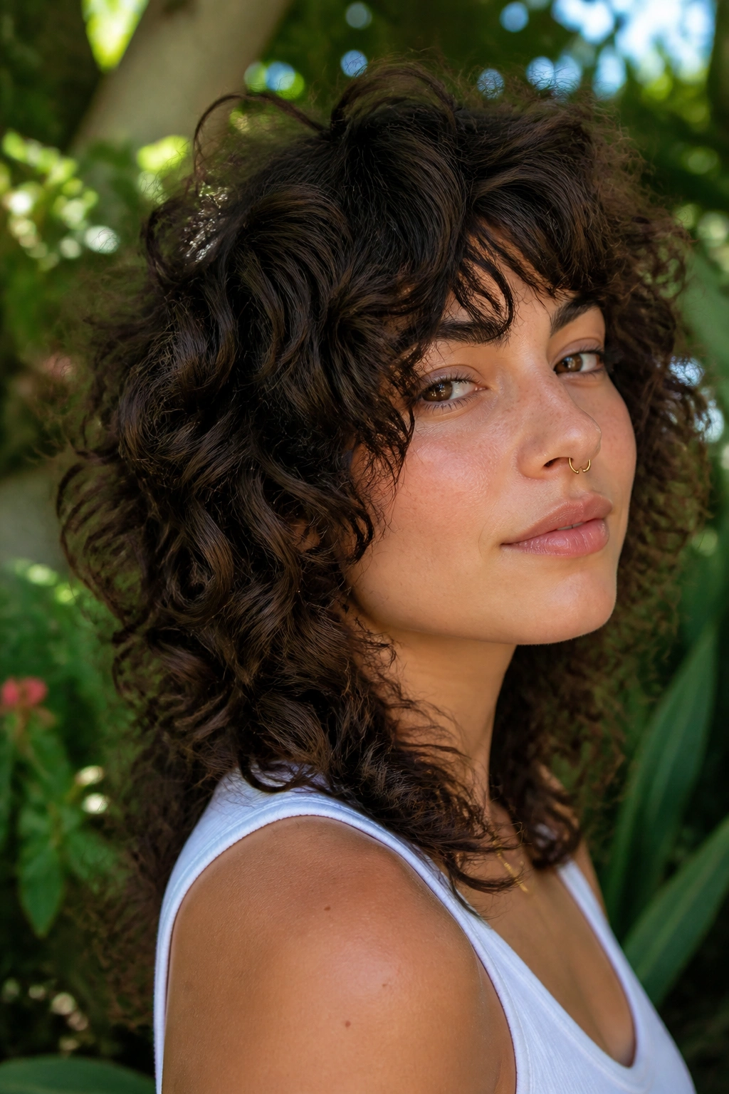Real woman with curly wolf cut and deeply shaped layers in a garden setting