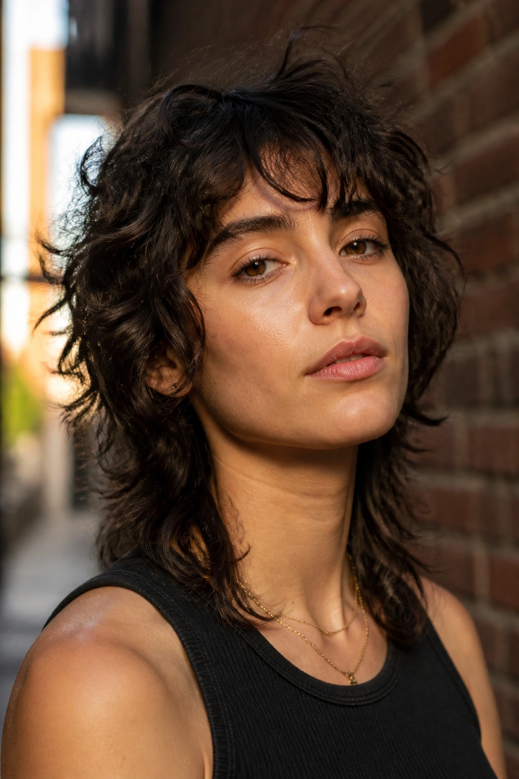 Close-up of a real person with a curly wolf cut against an urban brick backdrop