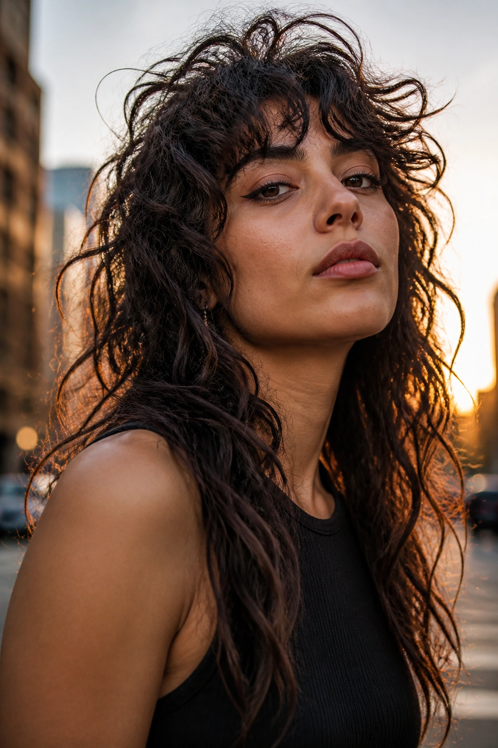Close-up of a real person with a curly wolf cut showing lift and edge