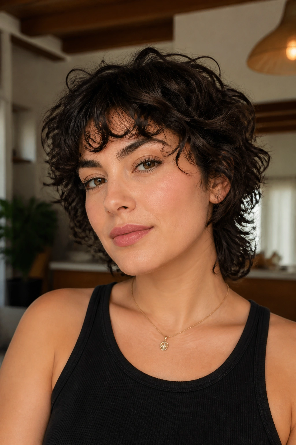 Close-up of a real person with a short curly wolf cut and light fringe in a warm indoor setting