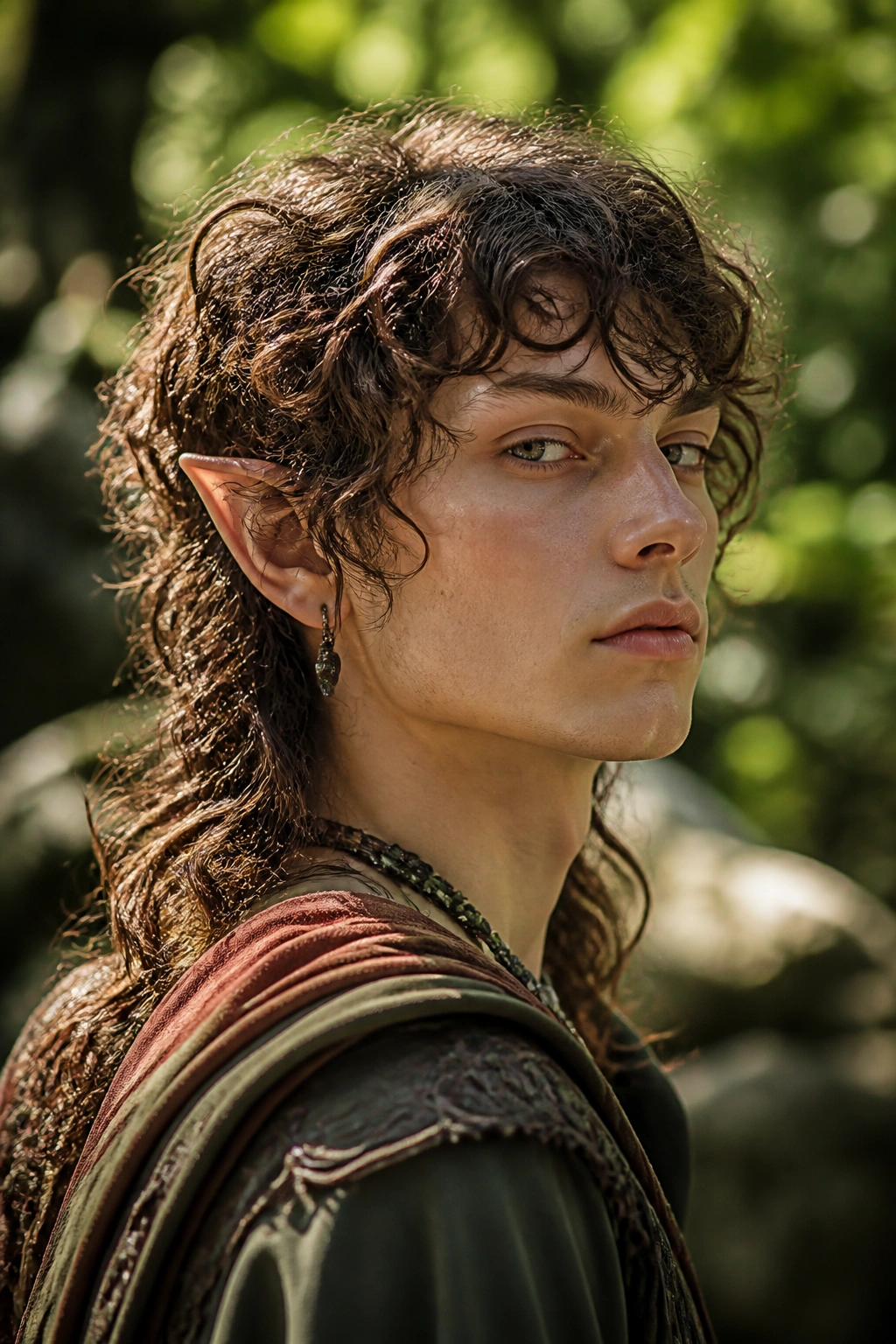 Close-up portrait of real person with Curly Woodland Elvish Shag Mullet highlighting curly texture and soft tail.