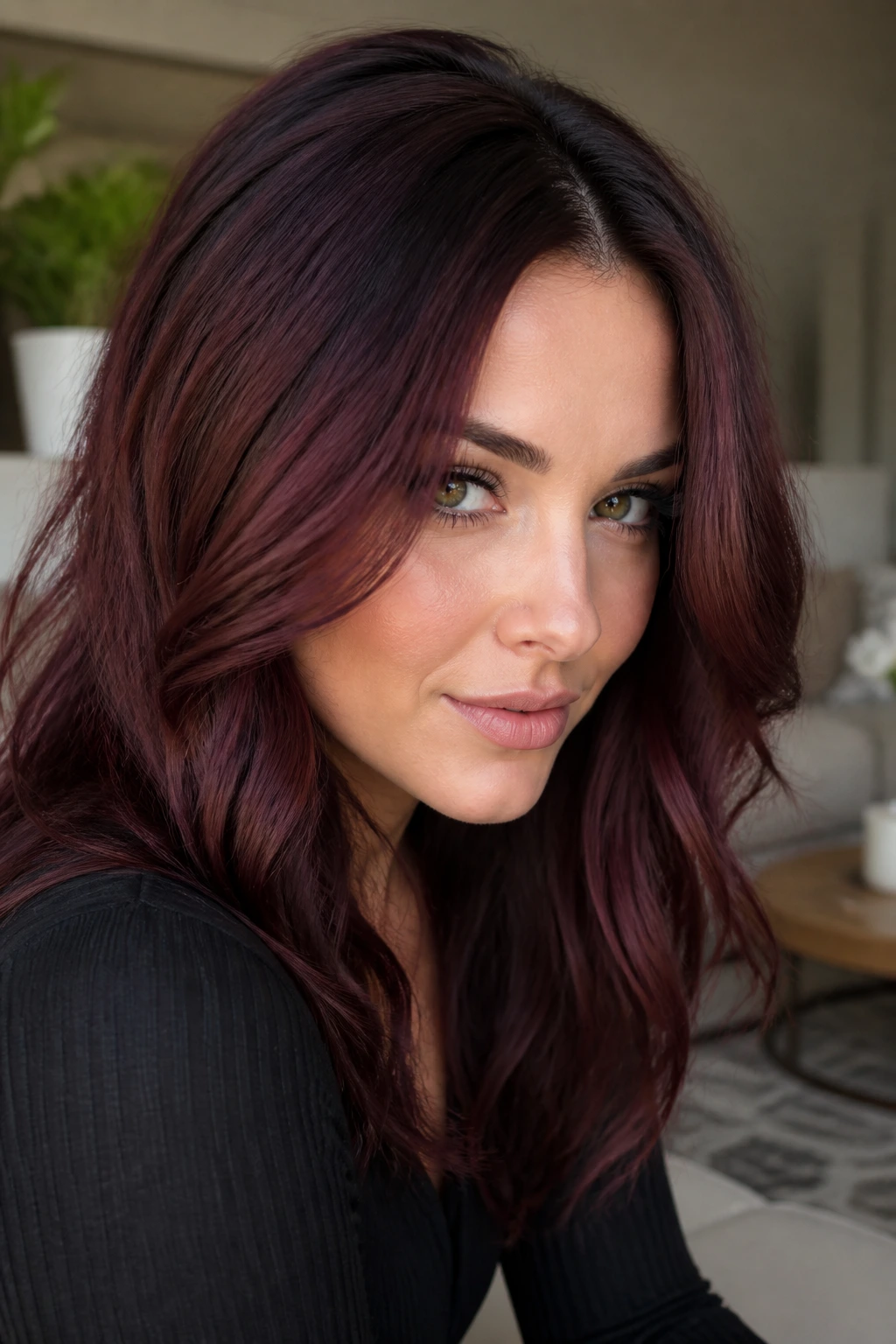 Close-up of a real person with a deep currant root shadow and burgundy mids in soft indoor light