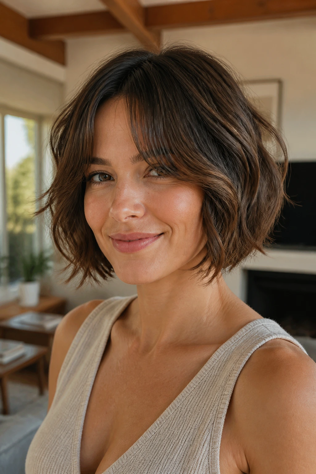 Close-up portrait of a real woman with curtain bangs and airy layered bob in warm window light