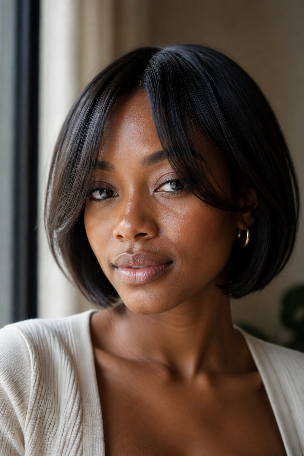 Portrait of a real woman wearing a curtain bang bob with front pieces parted to the sides.