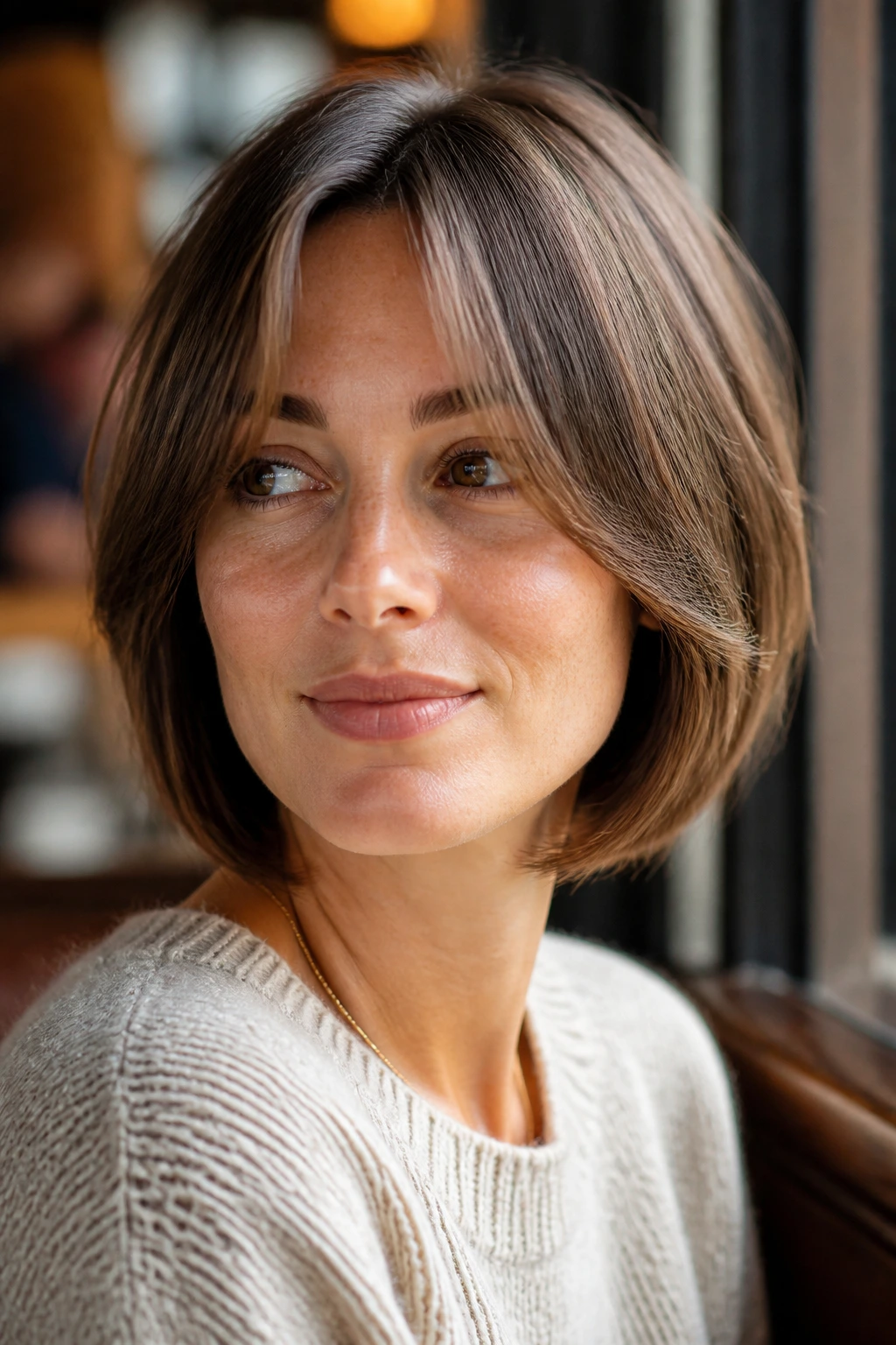Portrait of a real woman with curtain bangs and jaw-length bob.